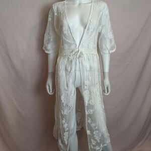 Forgotten Grace White Lace Half Sleeve Tie Front Sheer Festival Swim Coverup M
